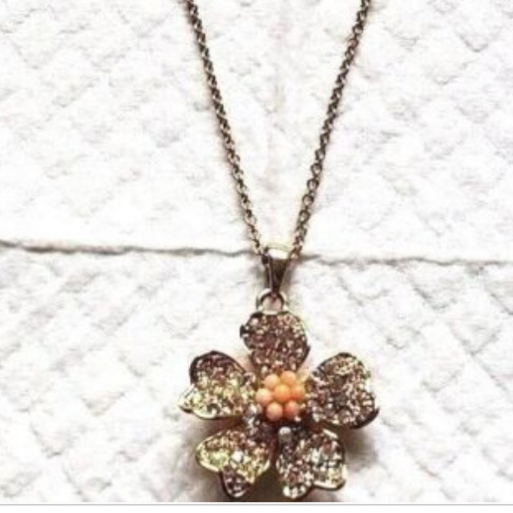 J. Crew Necklace Floral Gold Toned 26 in Rhinestone Orange Stones Lobster Clasp
